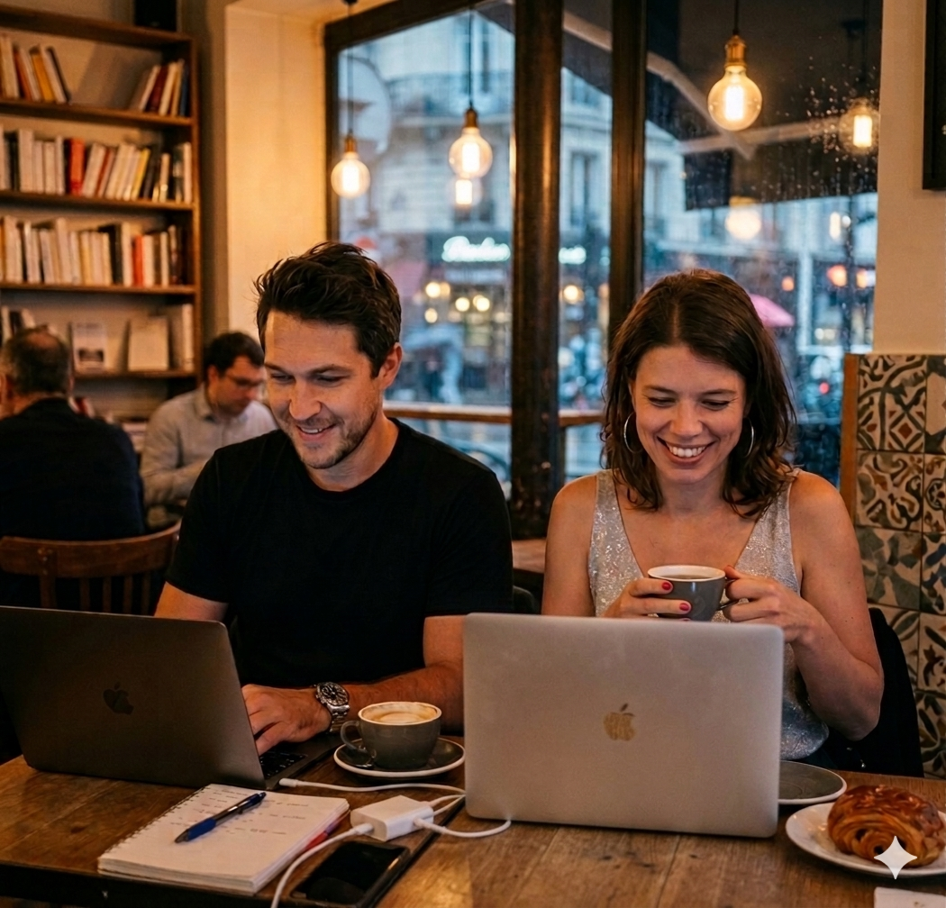 Adé et Thomas qui bossent dans un café