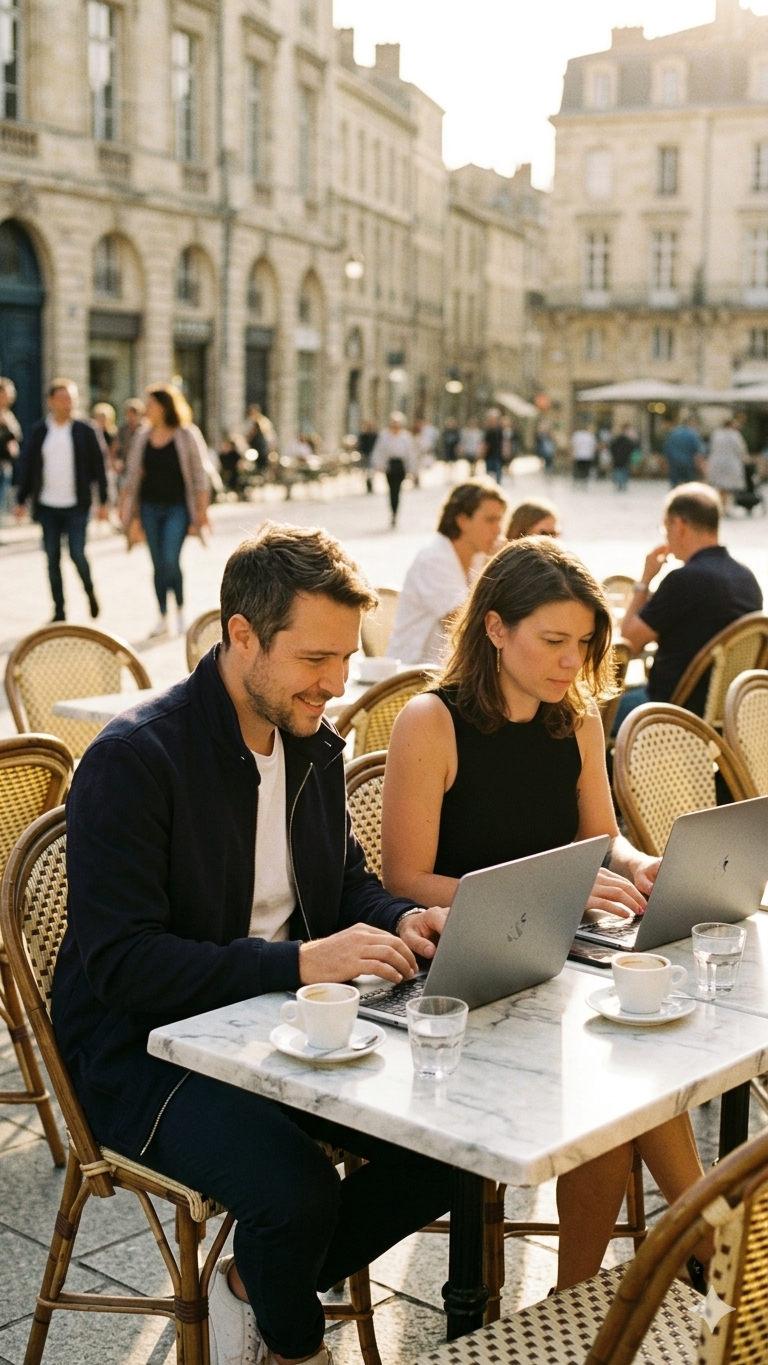 Adé et Thomas qui bossent en terrasse